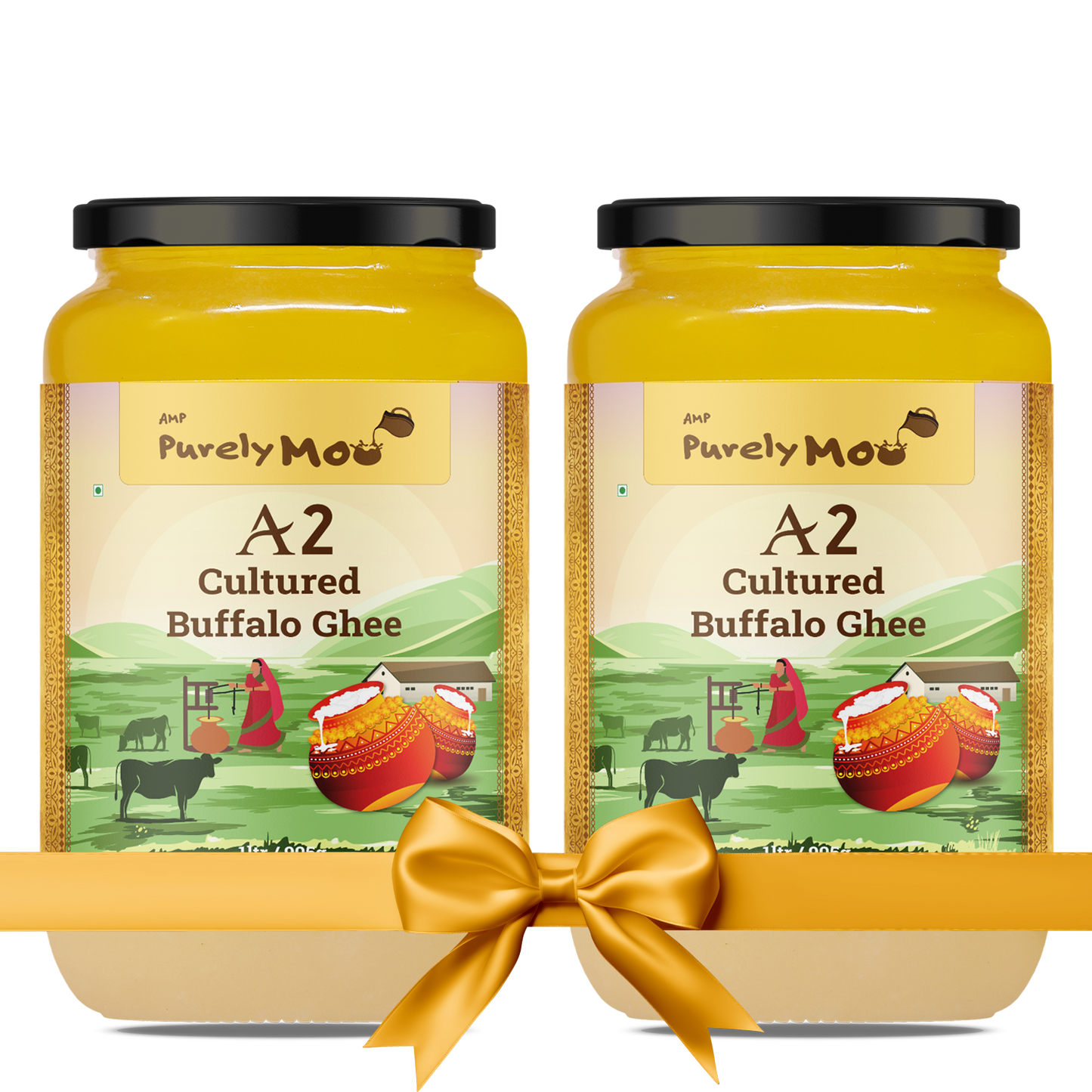 Two jars of Purely Moo's A2 Cultured Buffalo Ghee, elegantly packaged with a gold ribbon, showcasing its premium quality.