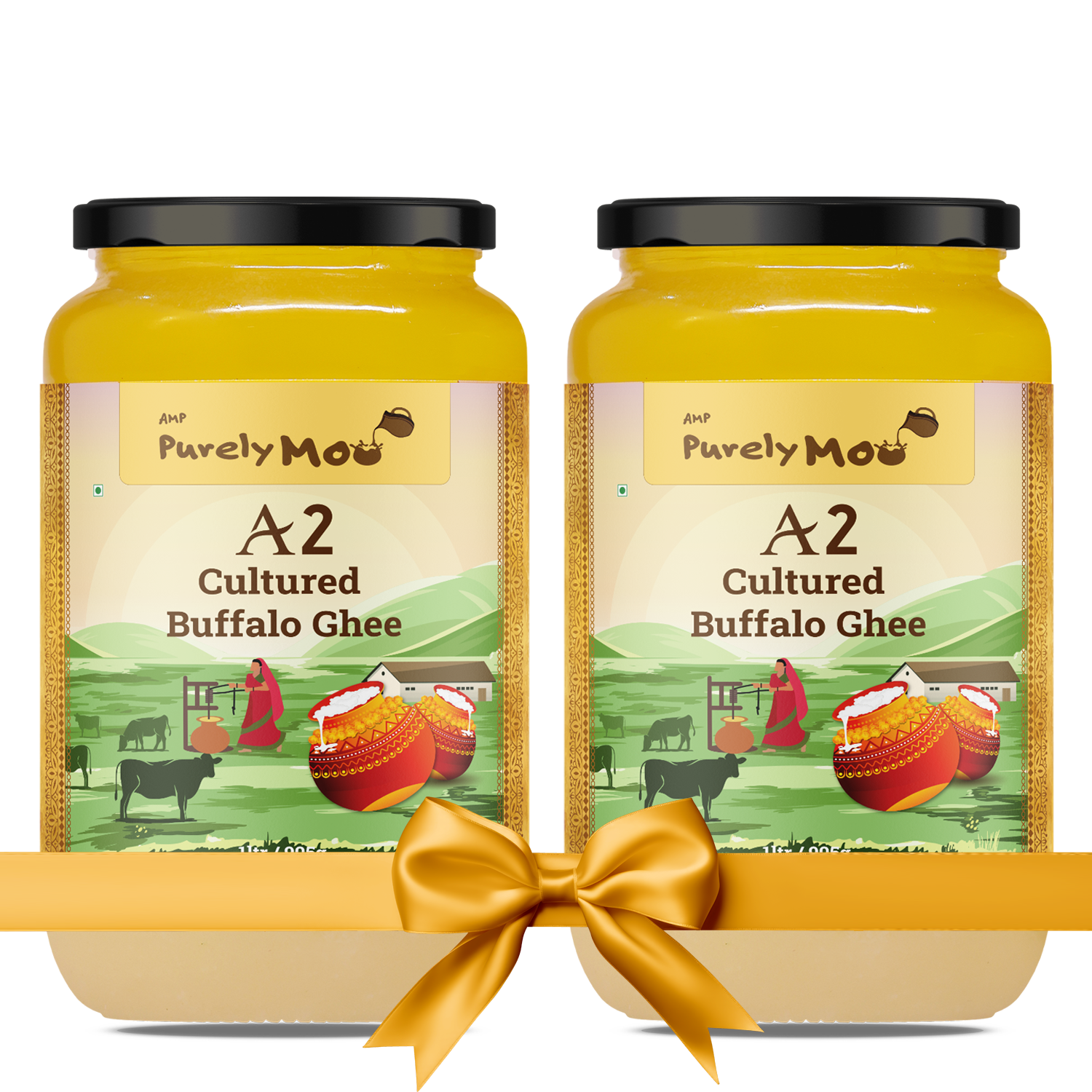 Two jars of Purely Moo's A2 Cultured Buffalo Ghee, elegantly packaged with a gold ribbon, showcasing its premium quality.