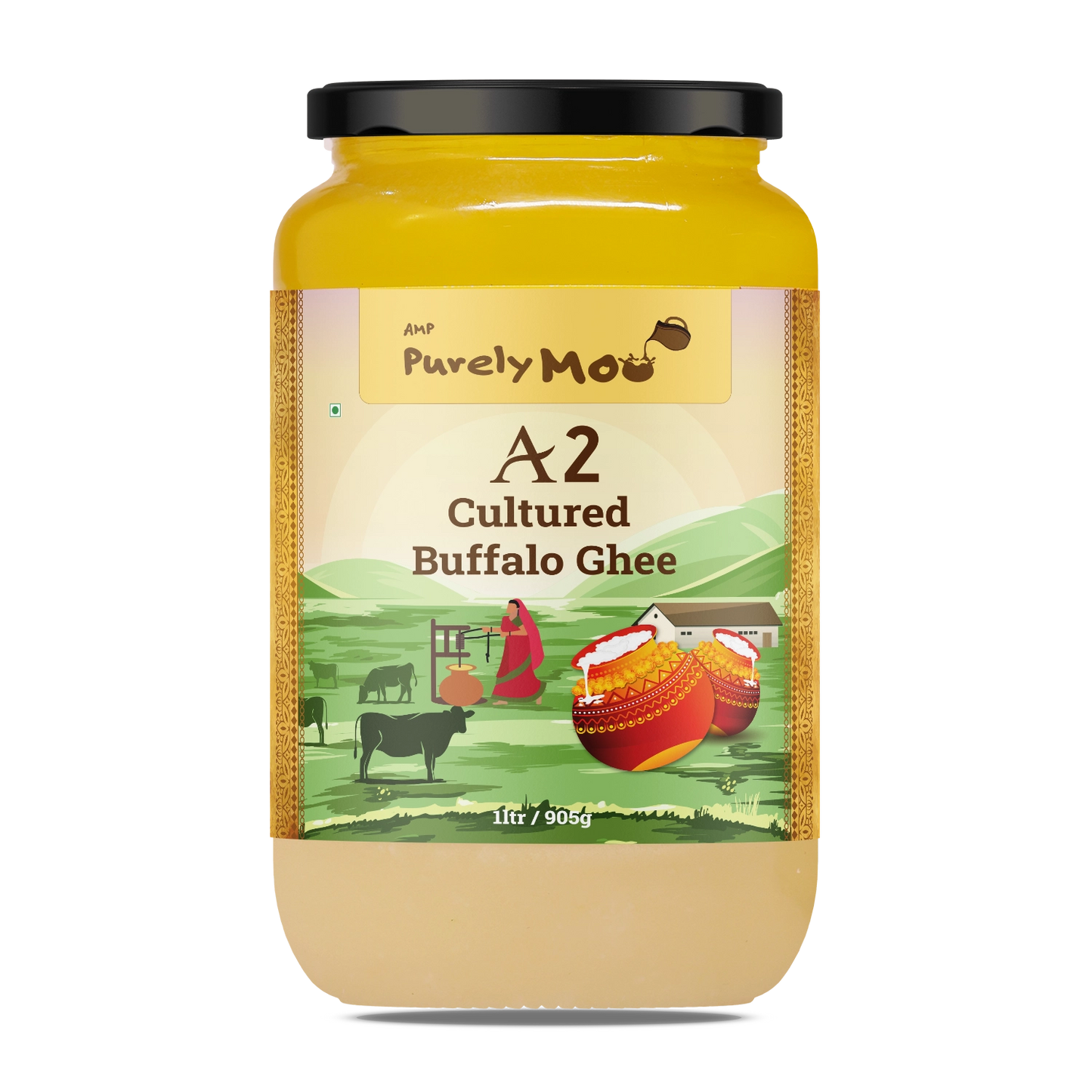 Purely Moo's A2 Cultured Buffalo Ghee in a glass jar, showcasing high-quality, easy-to-digest A2 ghee.