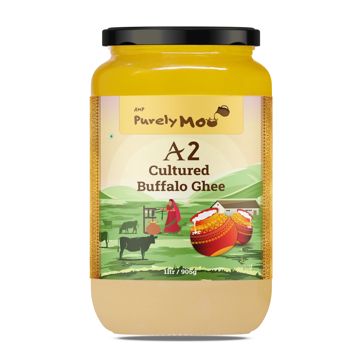 Purely Moo's A2 Cultured Buffalo Ghee in a glass jar, showcasing high-quality, easy-to-digest A2 ghee.