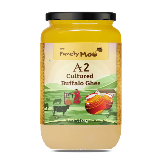 Purely Moo's A2 Cultured Buffalo Ghee in a glass jar, showcasing high-quality, easy-to-digest A2 ghee.