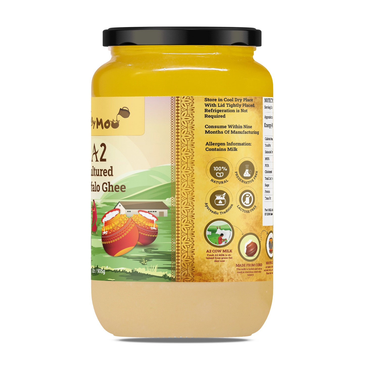 A2 Cultured Buffalo Ghee in a glass jar, featuring high-quality ghee made from Murrah buffalo milk for easier digestion.