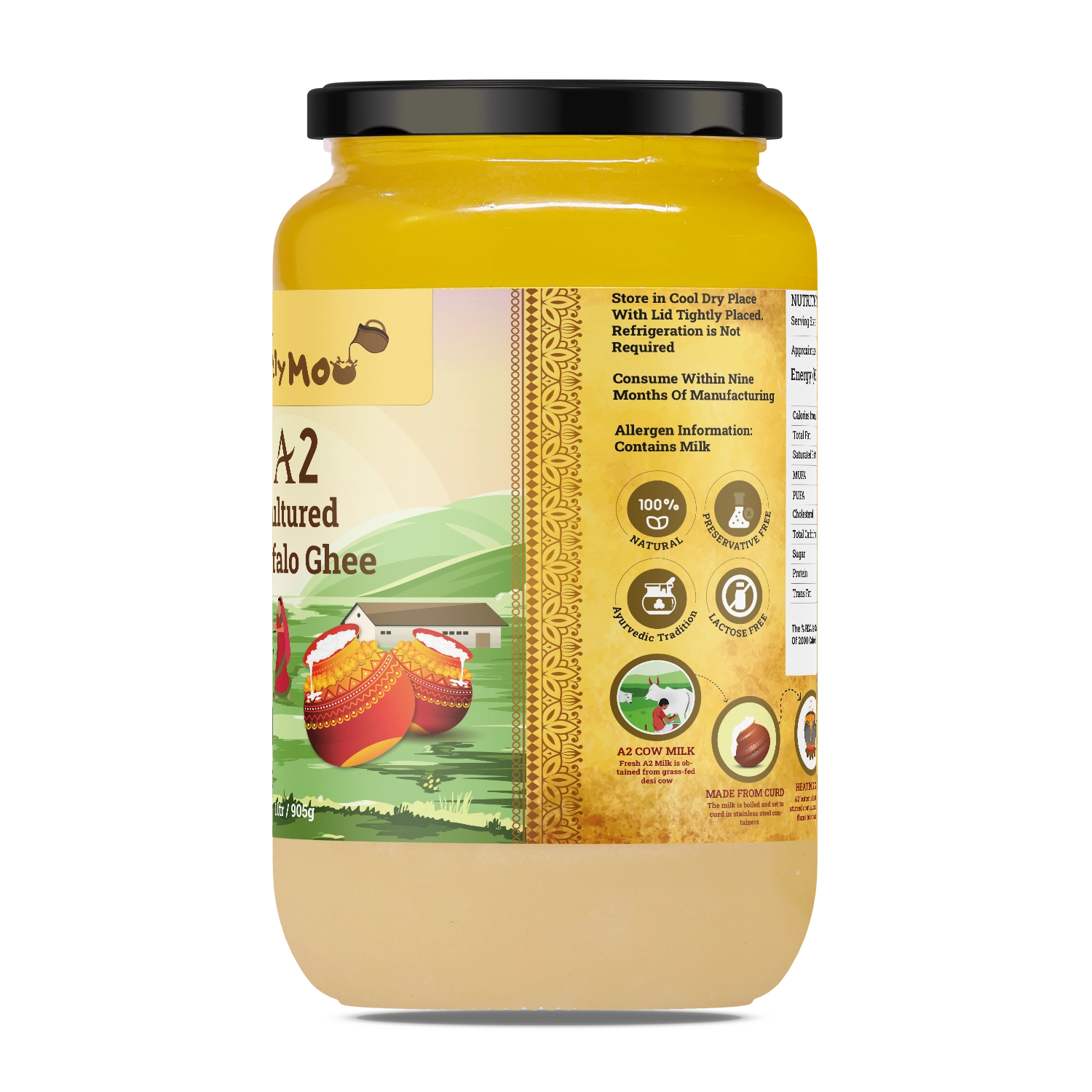 A2 Cultured Buffalo Ghee in a glass jar, featuring high-quality ghee made from Murrah buffalo milk for easier digestion.