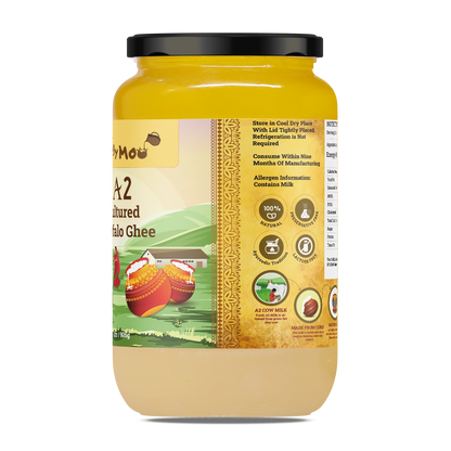 A2 Cultured Buffalo Ghee in a glass jar, featuring high-quality ghee made from Murrah buffalo milk for easier digestion.