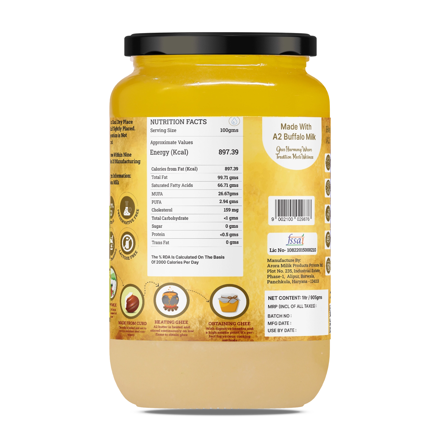 Nutrition facts and labeling on the glass jar of A2 Cultured Buffalo Ghee.