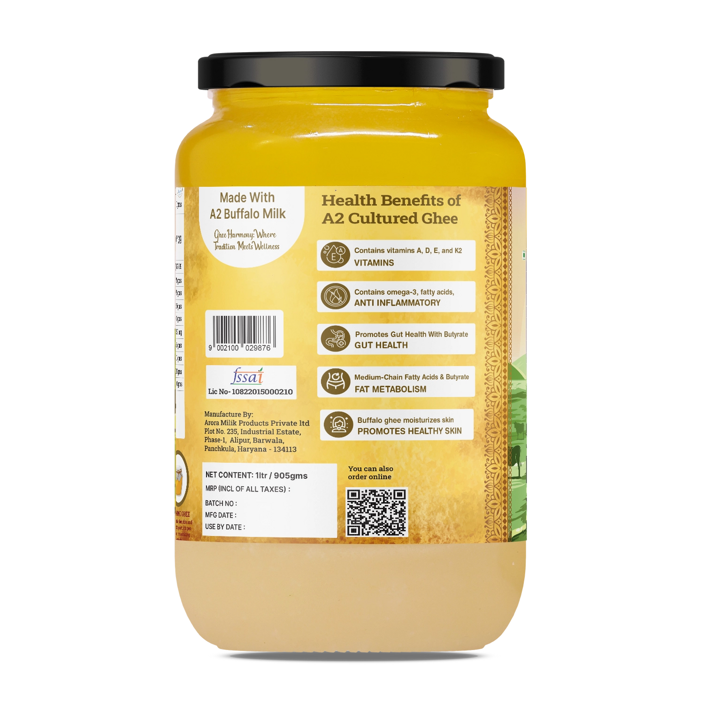 Back of a glass jar showcasing health benefits of A2 Cultured Buffalo Ghee, highlighting vitamins and gut health.