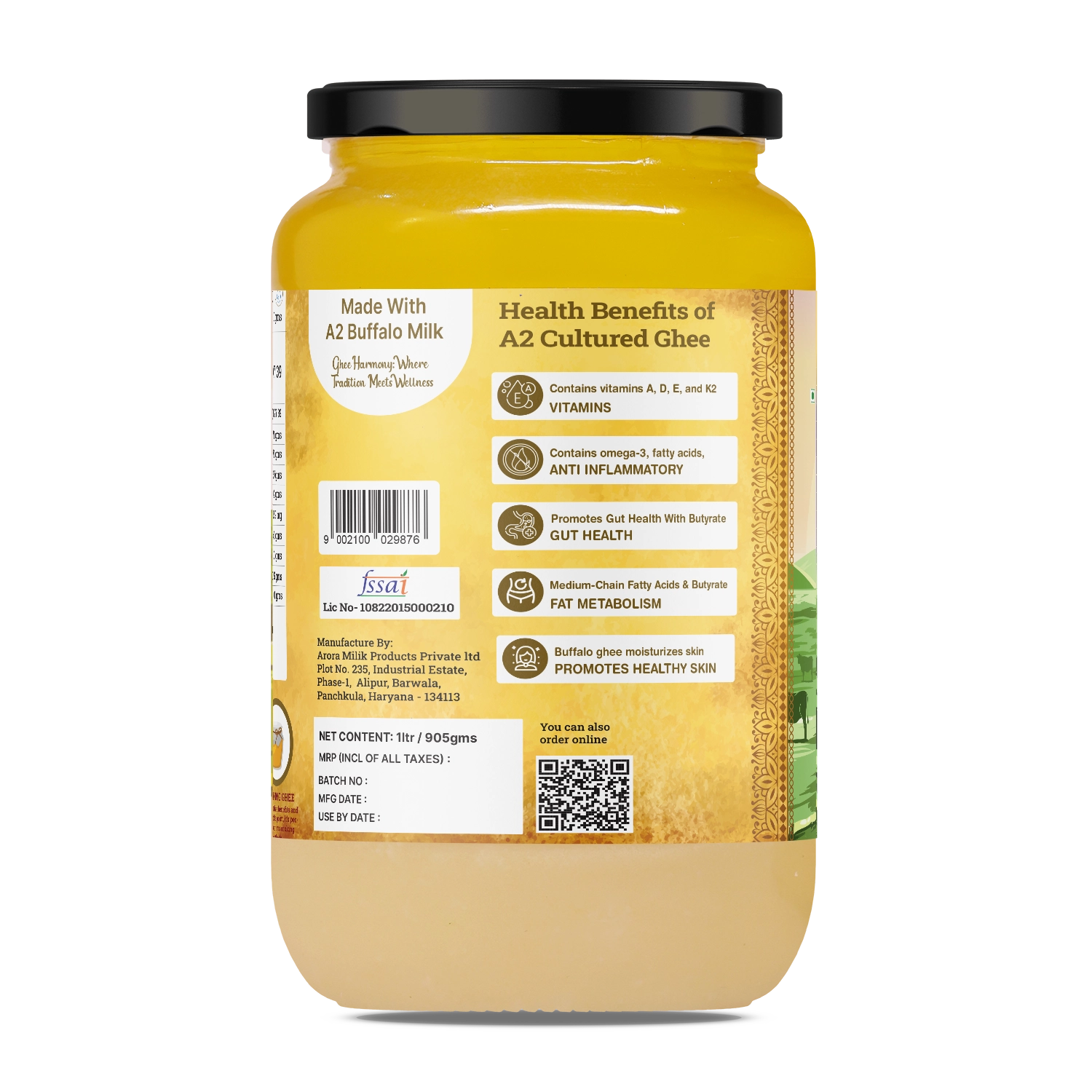 Back of a glass jar showcasing health benefits of A2 Cultured Buffalo Ghee, highlighting vitamins and gut health.