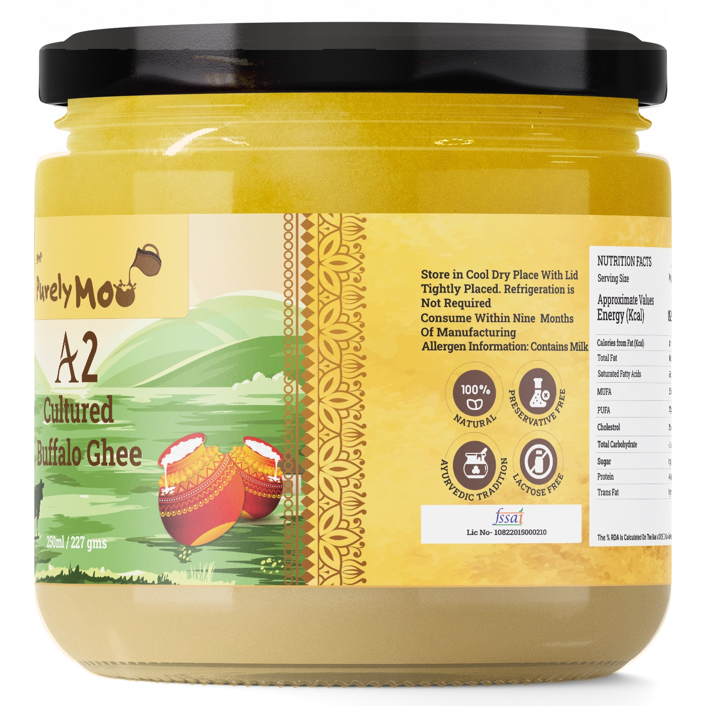 A2 Cultured Buffalo Ghee in a decorative glass jar, showcasing its quality and elegant packaging for kitchens.