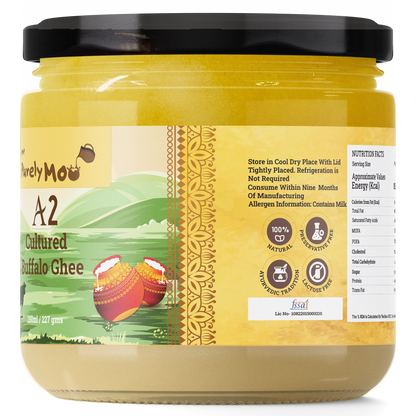 A2 Cultured Buffalo Ghee in a decorative glass jar, showcasing its quality and elegant packaging for kitchens.