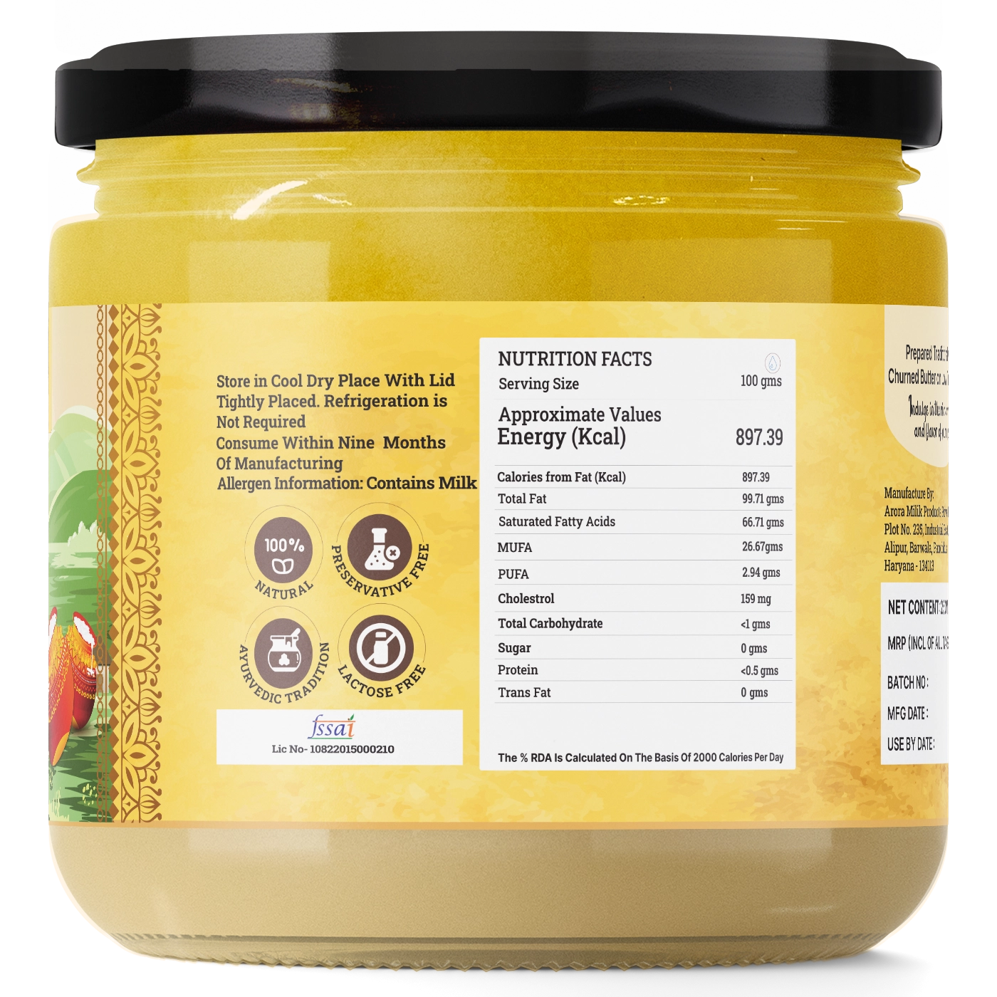 A2 Cultured Buffalo Ghee glass jar with nutrition facts label and storage instructions for optimal freshness.