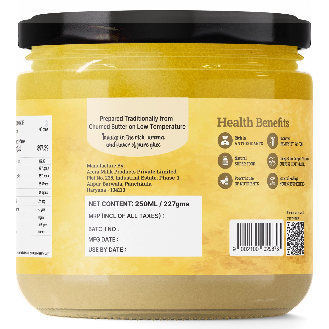 A2 Cultured Buffalo Ghee jar label showcasing health benefits and nutritional information.