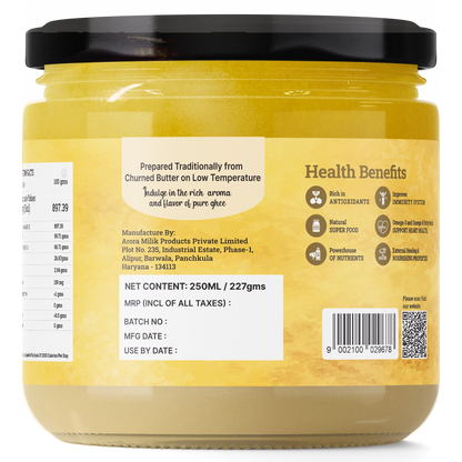 A2 Cultured Buffalo Ghee jar label showcasing health benefits and nutritional information.