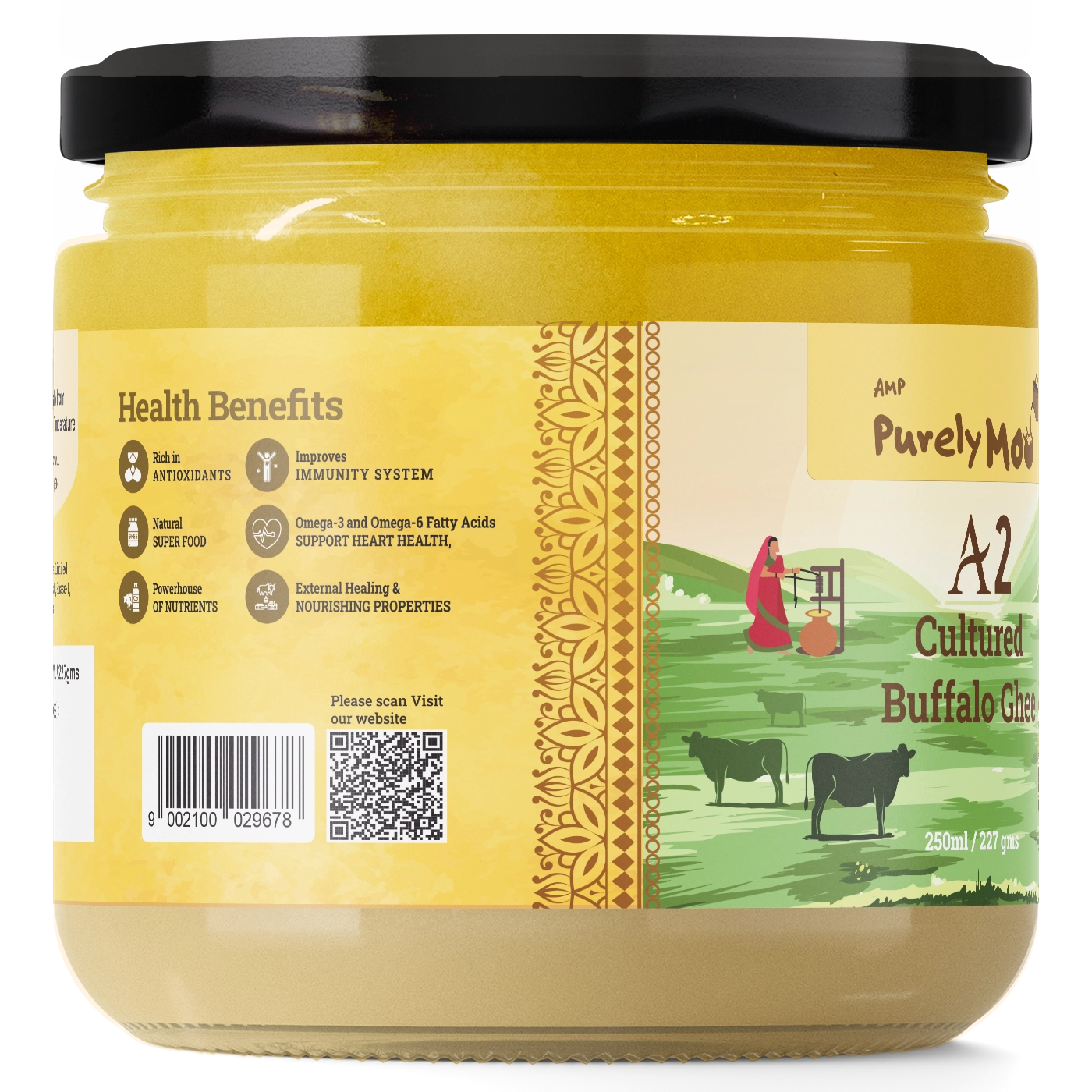 A2 Cultured Buffalo Ghee in a glass jar, showcasing its health benefits and elegant packaging.