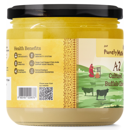 A2 Cultured Buffalo Ghee in a glass jar, showcasing its health benefits and elegant packaging.