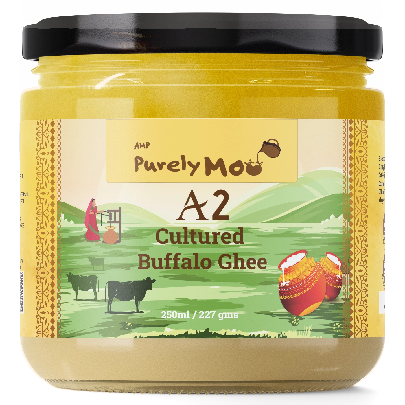 Purely Moo's A2 Cultured Buffalo Ghee in a 250ml glass jar, showcasing its elegant packaging and quality ingredients.