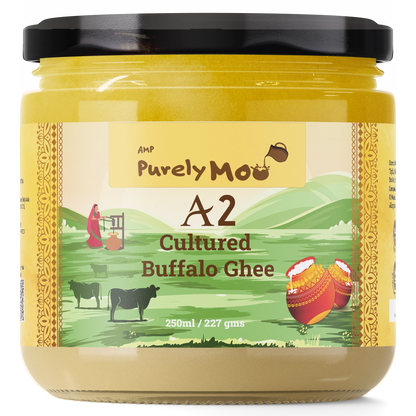 Purely Moo's A2 Cultured Buffalo Ghee in a 250ml glass jar, showcasing its elegant packaging and quality ingredients.