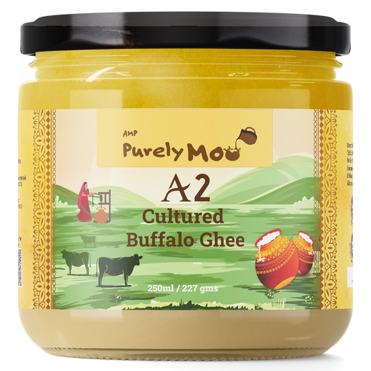 Purely Moo's A2 Cultured Buffalo Ghee in a 250ml glass jar, showcasing its elegant packaging and quality ingredients.