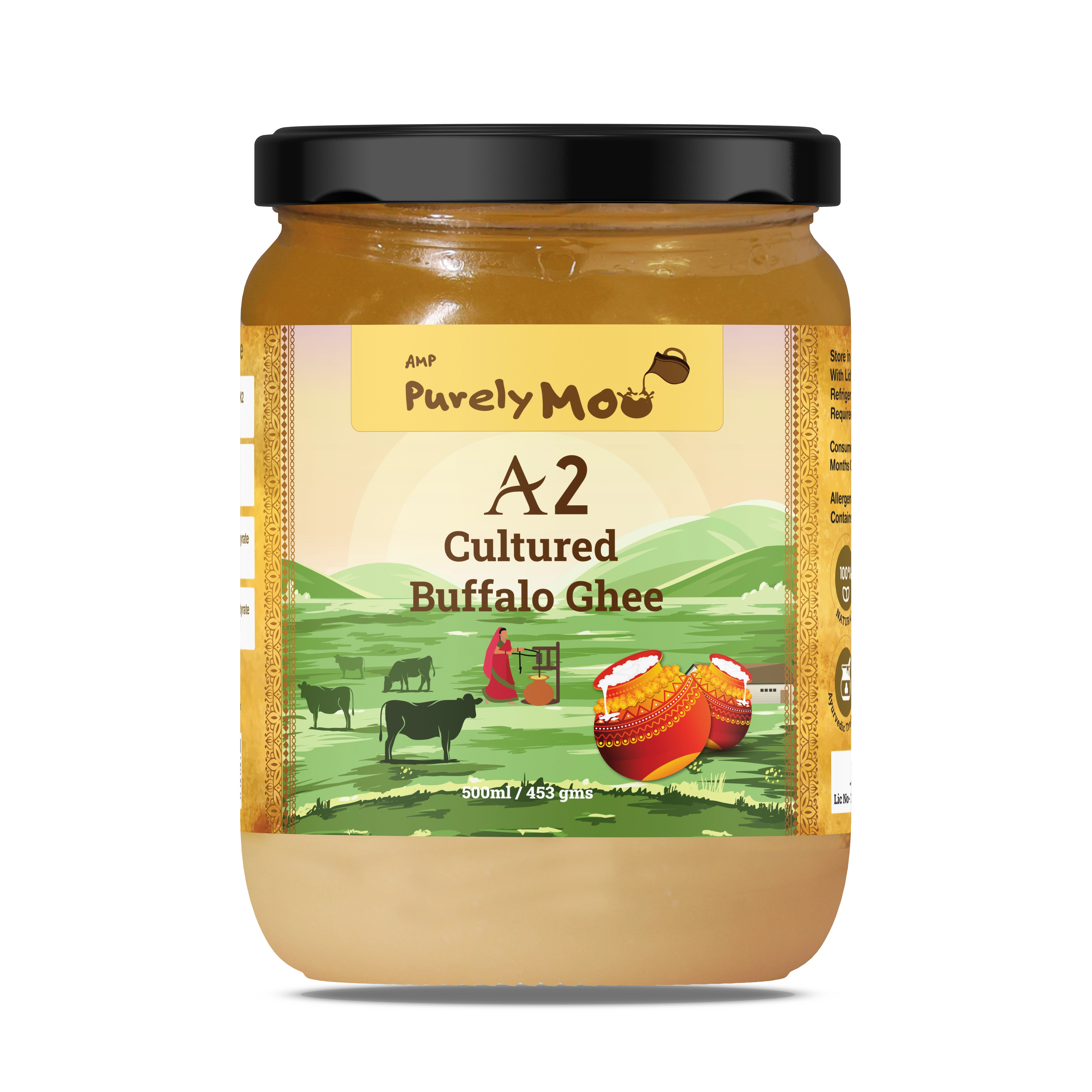 A2 Cultured Buffalo Ghee in a glass jar by Purely Moo, showcasing quality and elegance in cooking.