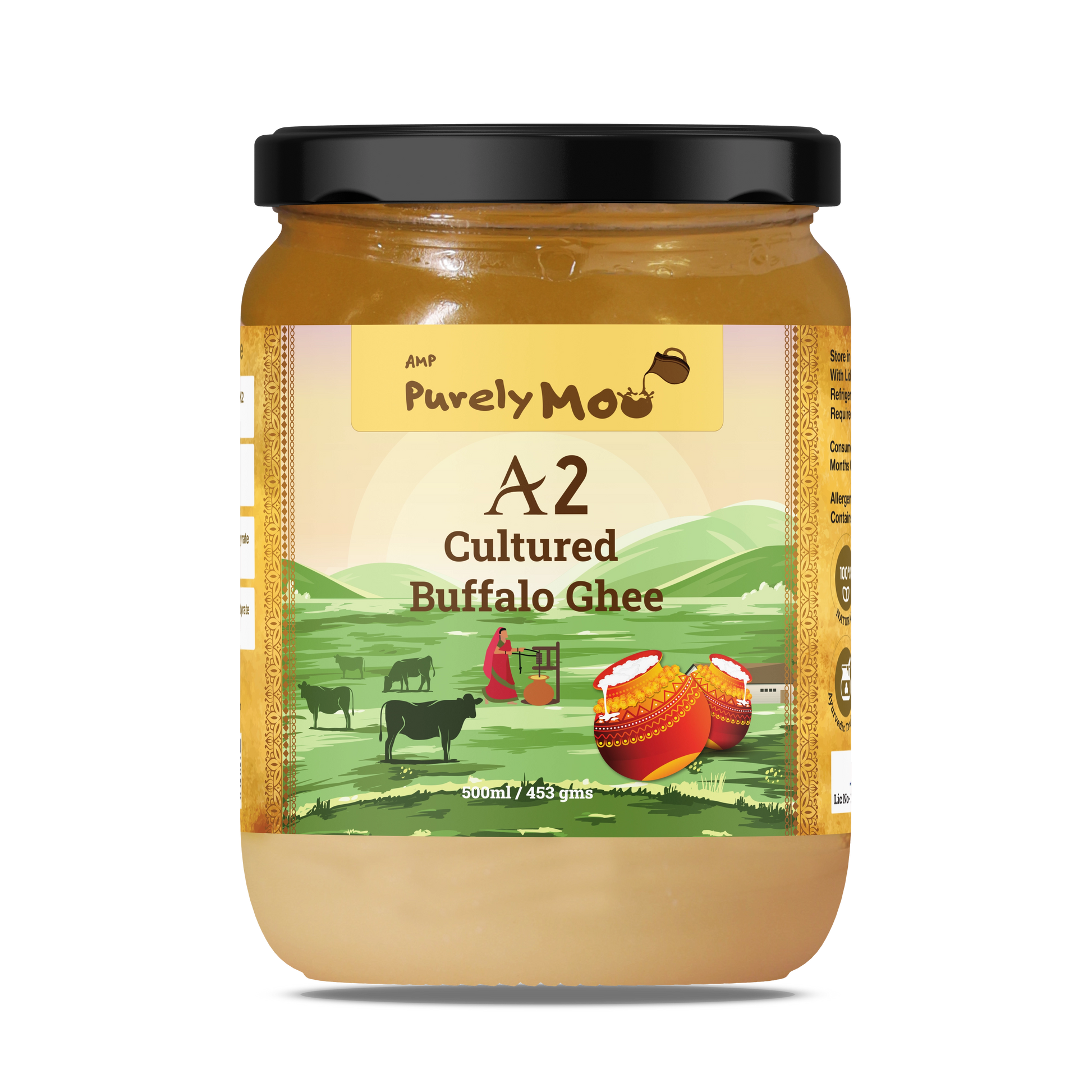 A2 Cultured Buffalo Ghee in a glass jar by Purely Moo, showcasing quality and elegance in cooking.