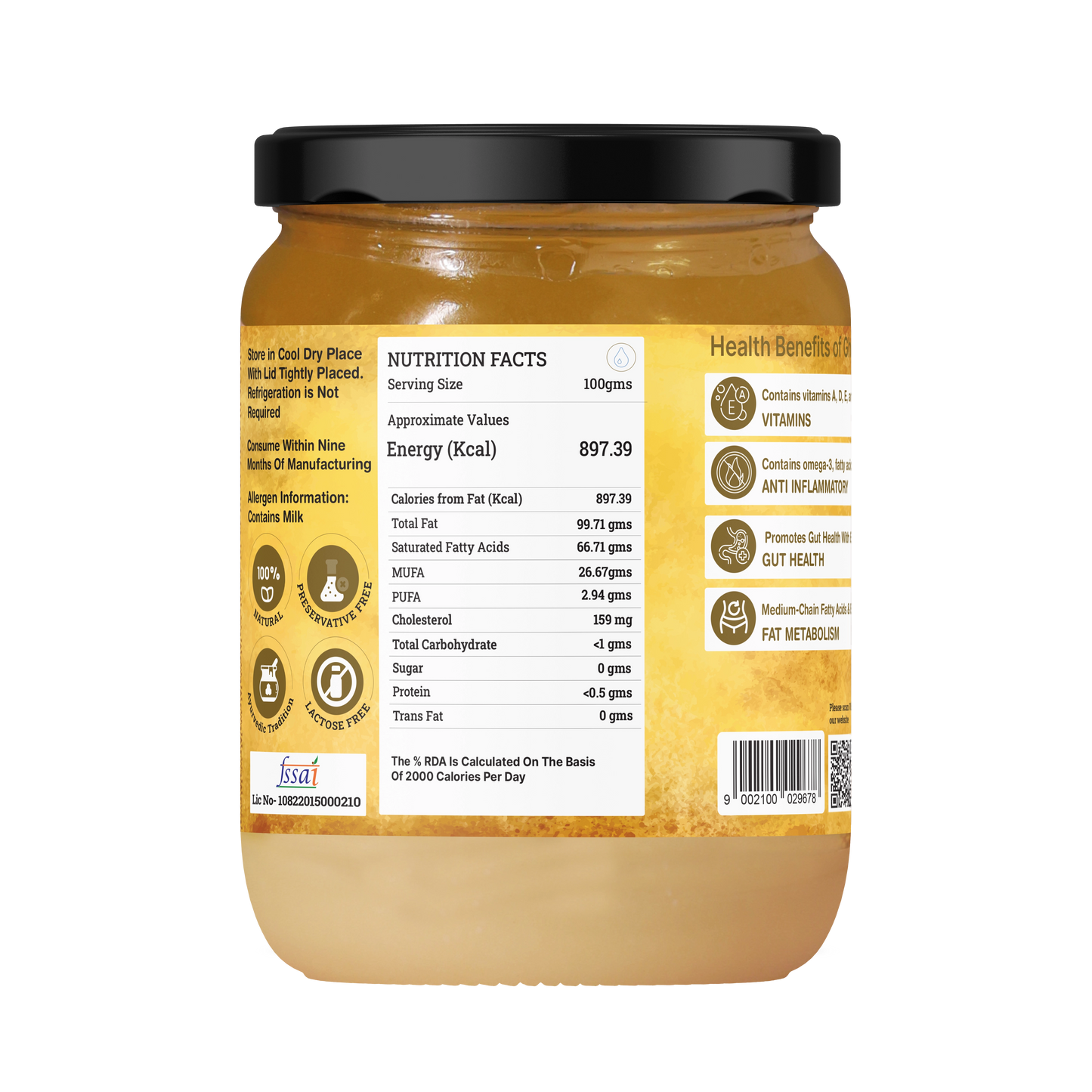 Nutrition facts label on a jar of A2 Cultured Buffalo Ghee, detailing calories and fat content.