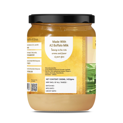 A2 Cultured Buffalo Ghee in a glass jar showcasing benefits and made from A2 buffalo milk.